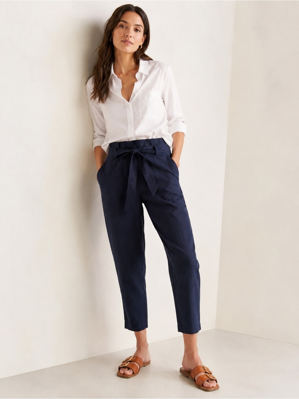 Boden Navy Linen Blend Paperbag Waist Tie Cropped Pants Women’s US 6